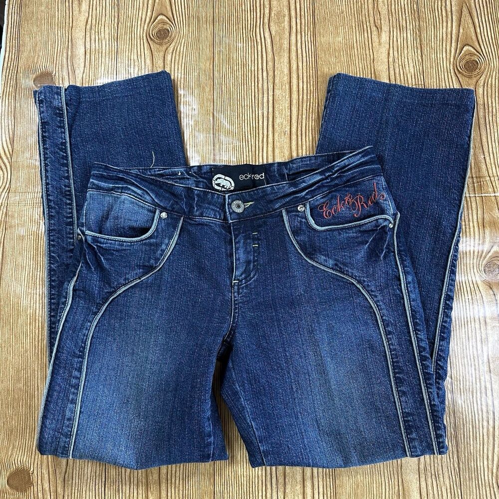 Ecko Red Women’s Jeans Size 11 Blue Flare Bootcut Y2K Embroidered Denim